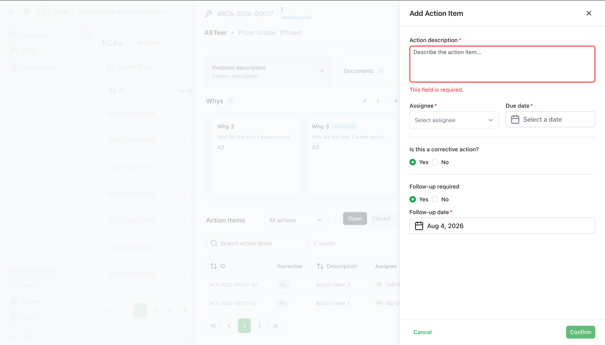 The Add Action Item form with description, assignee, due date, corrective and follow-up options