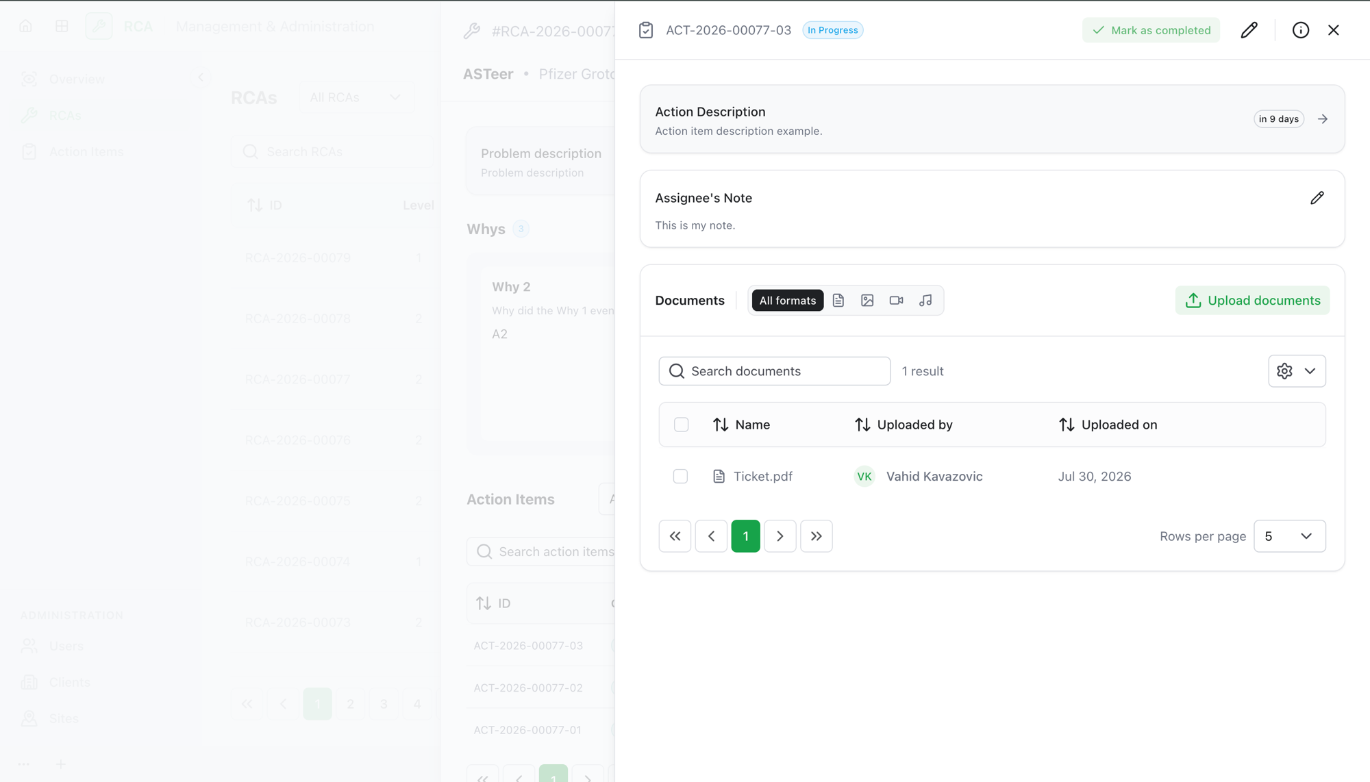 An action item in progress with the assignee's note and an uploaded document