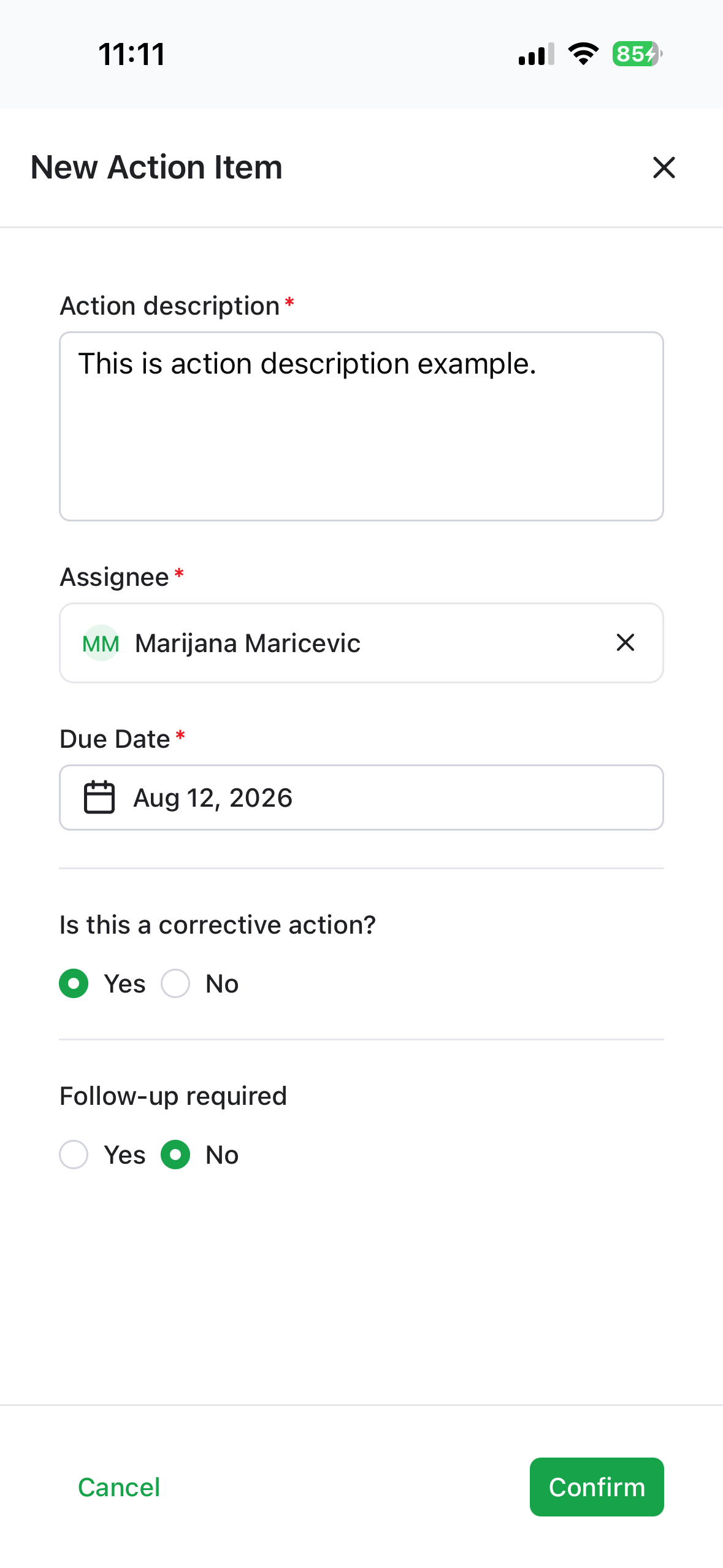 Creating a new action item