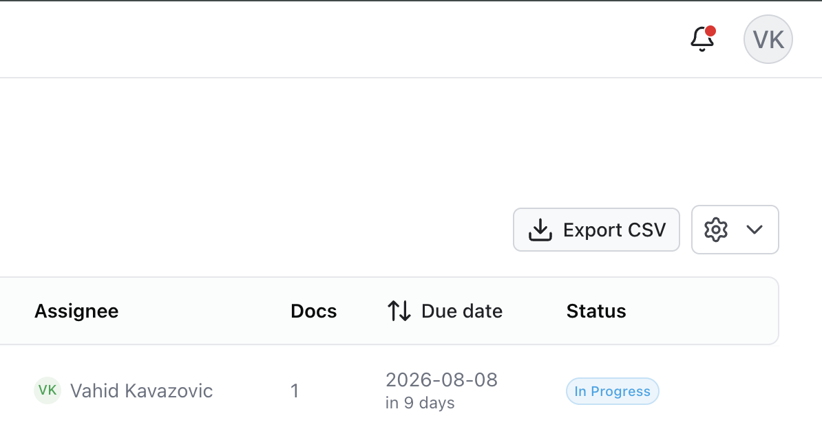 The Export CSV button above the action items table