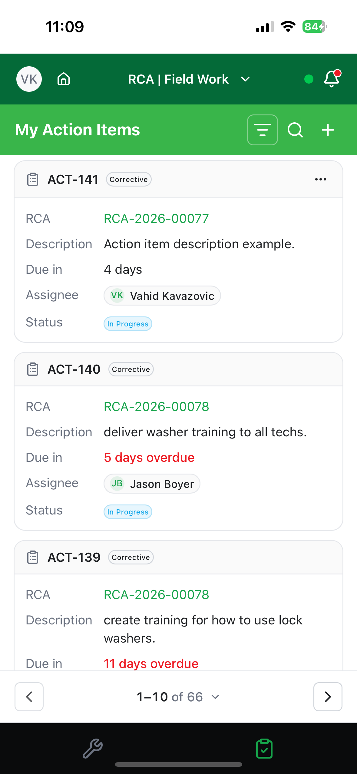 The My Action Items list