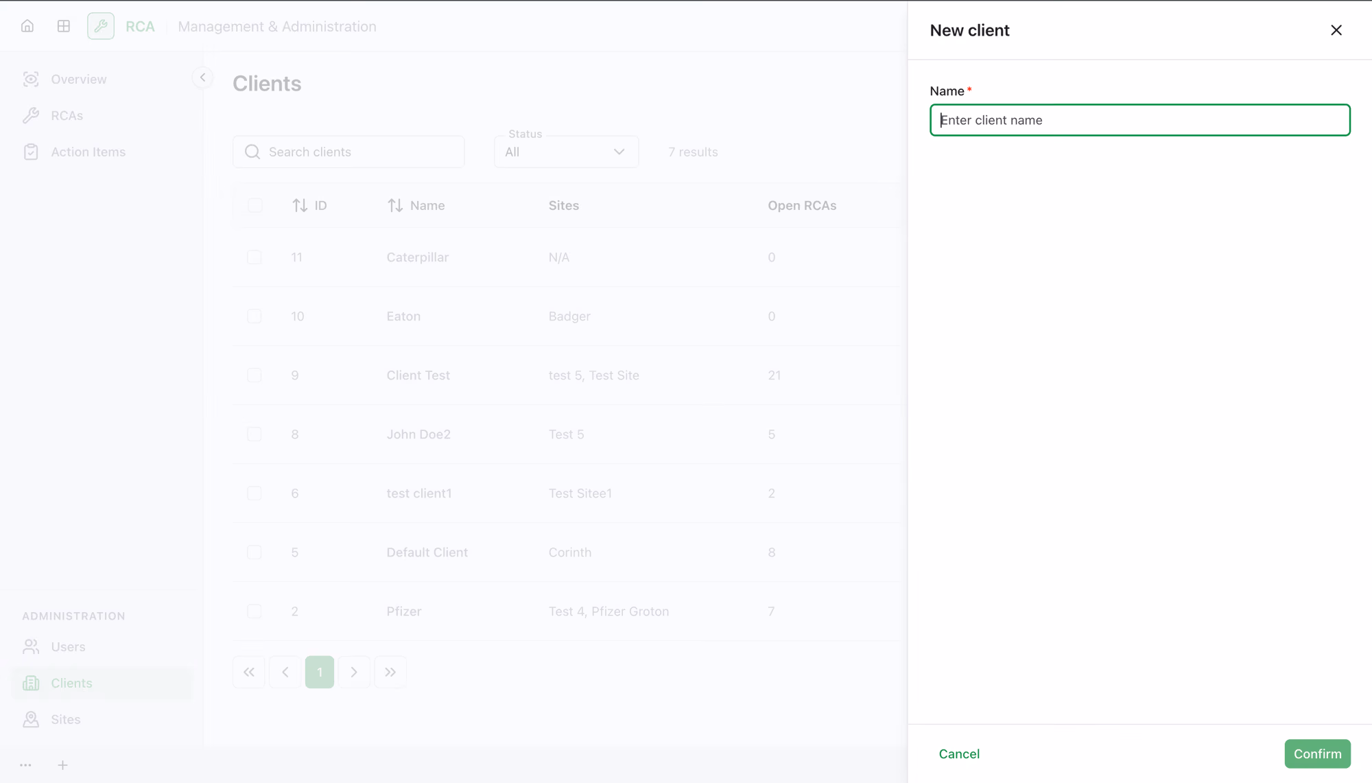 The New client dialog with the required Name field