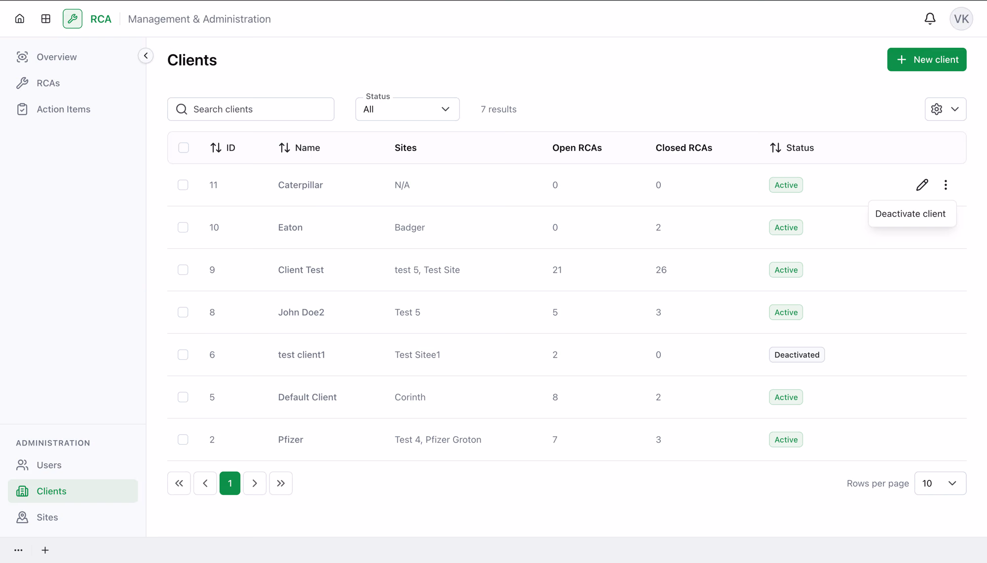 A client row with the Deactivate client action available