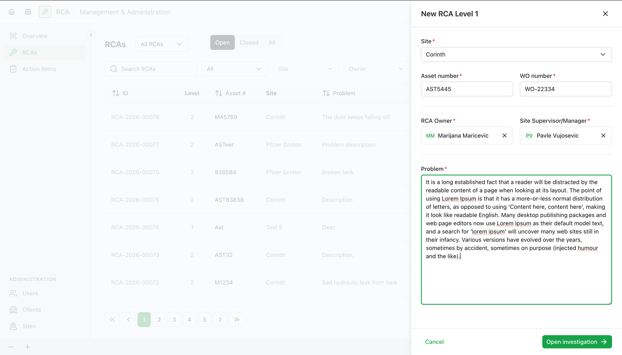 A filled New RCA Level 1 form with site, asset, owner, supervisor, and problem