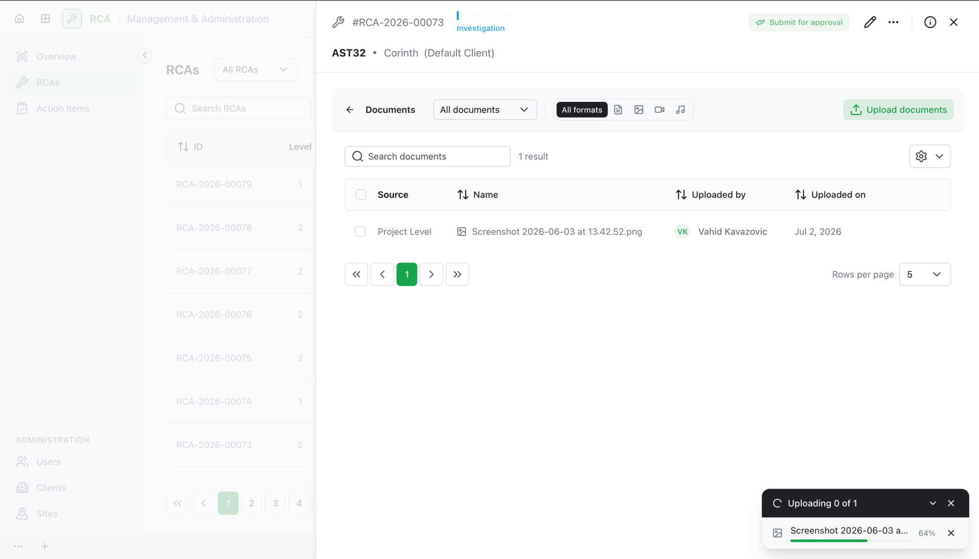 The documents panel with an upload in progress, showing the upload-progress indicator