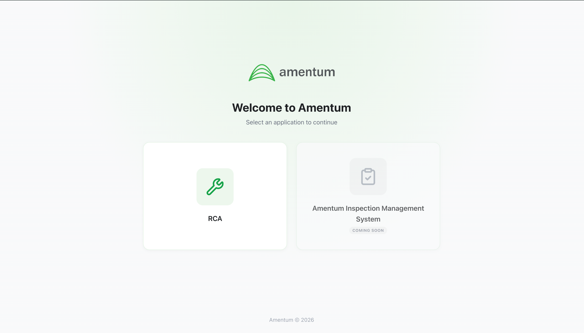 The App Suite landing page with the RCA application card