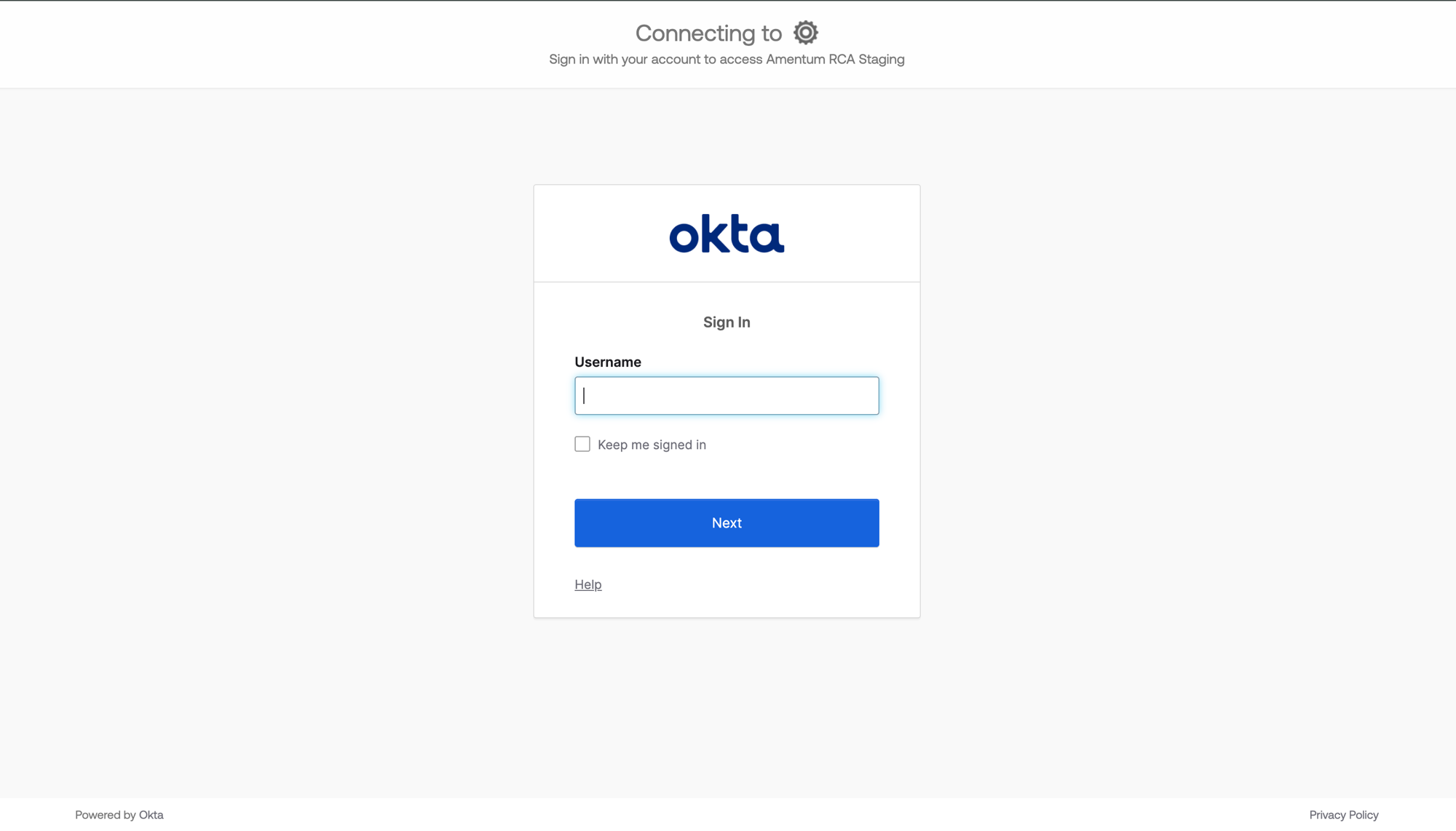 The Okta sign-in screen for Amentum RCA Staging