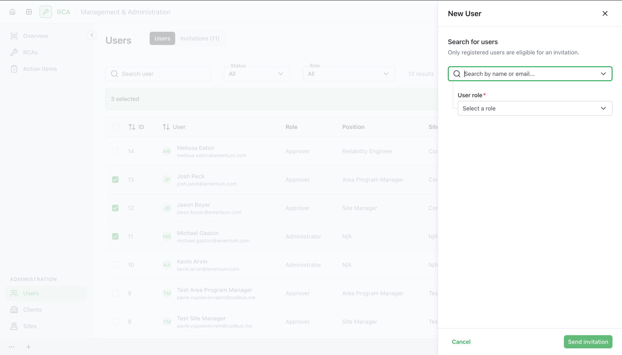 The New User dialog with the user search and role selection, and the Send invitation action