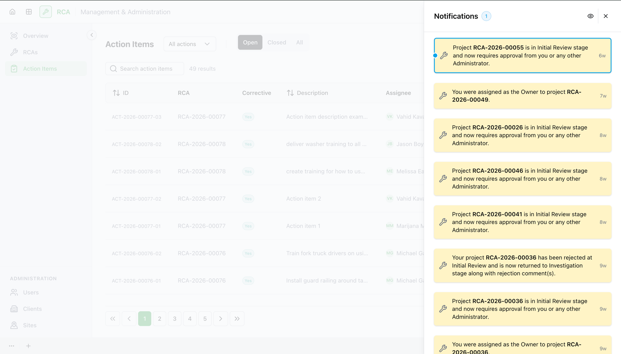 The notifications panel listing approval requests, assignments, and rejections