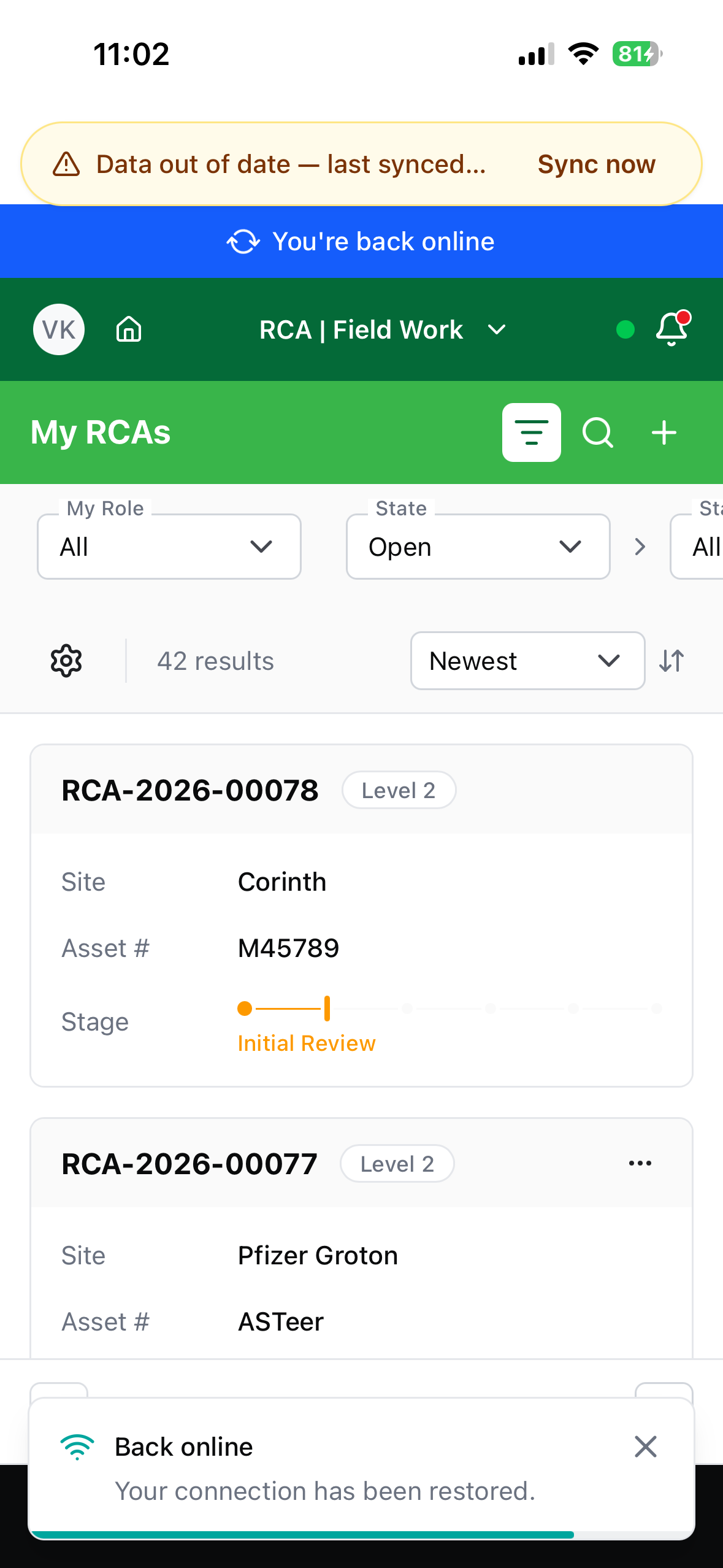 The stale data banner with a Sync now action