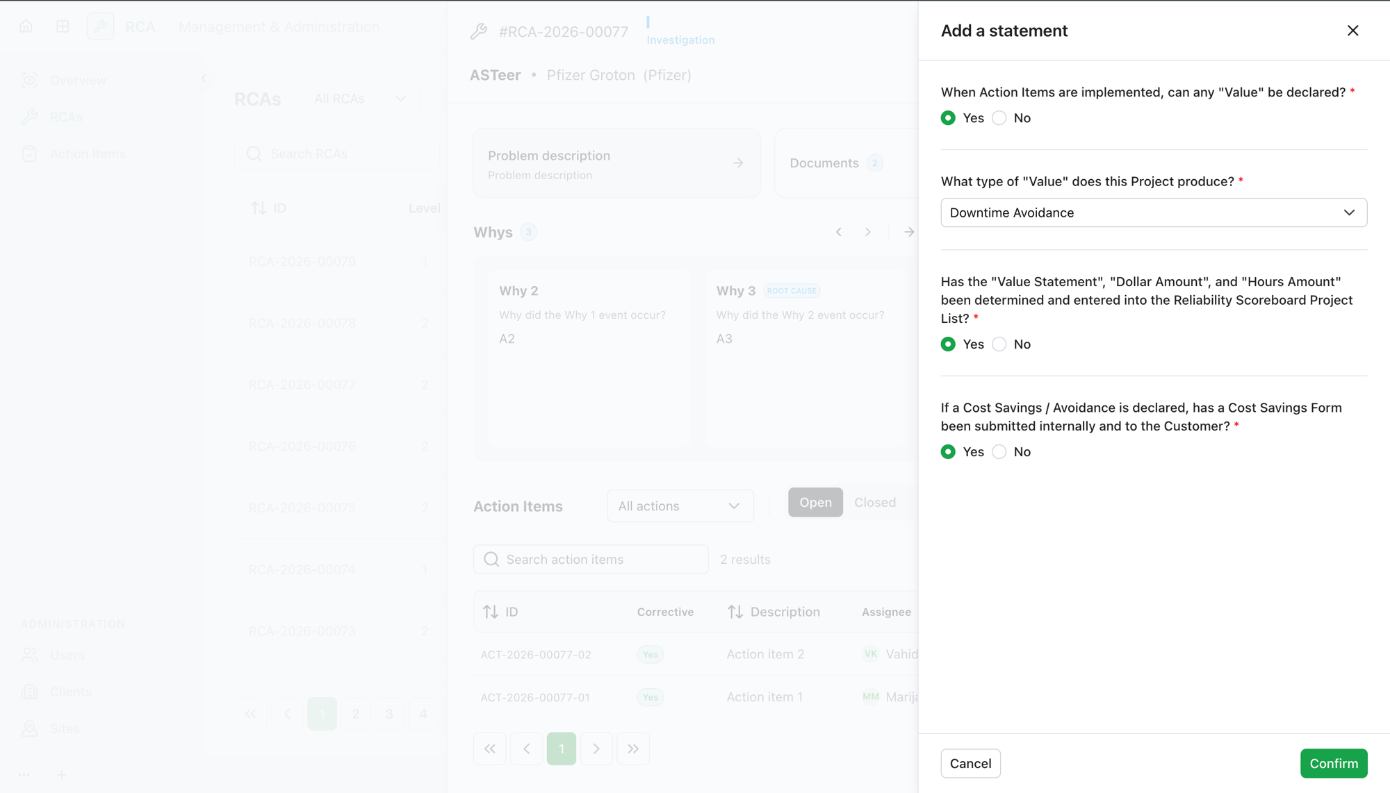 The Add a statement panel capturing the project value questions