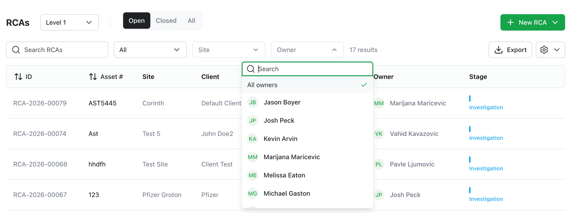 The Owner filter open, with a searchable list of owners to filter the RCA list by