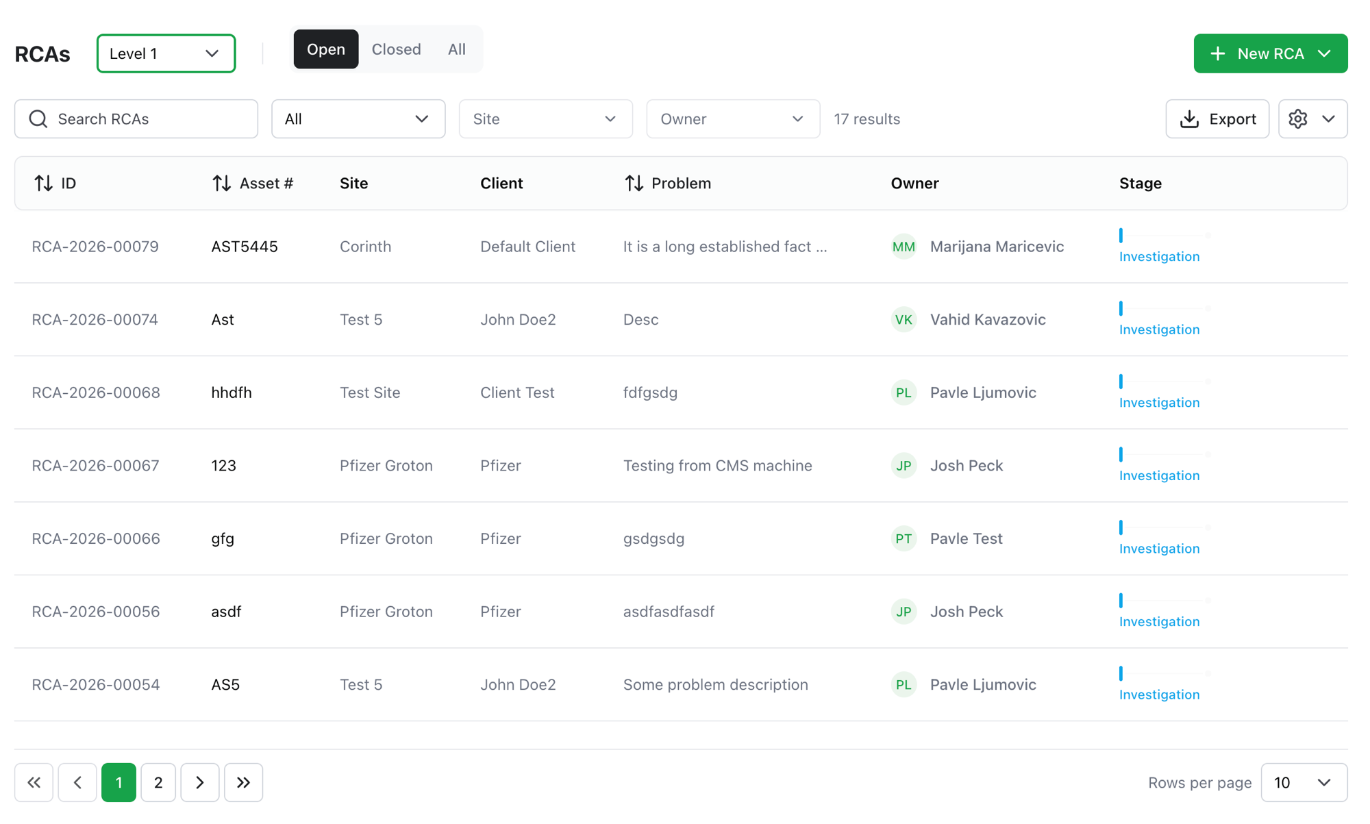 The RCA list showing the table, the Open/Closed/All tabs, and the search and filters