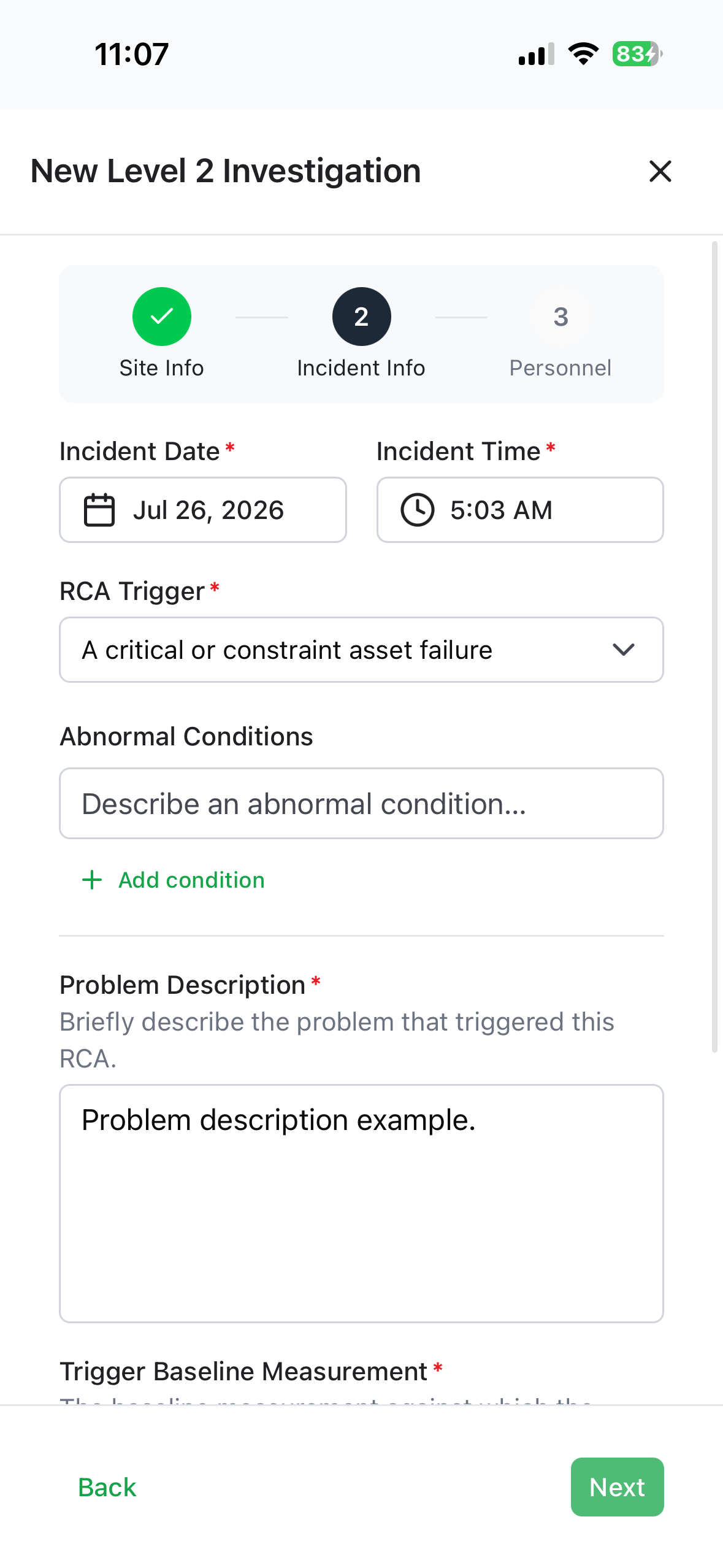 The Level 2 wizard on the Incident Info step