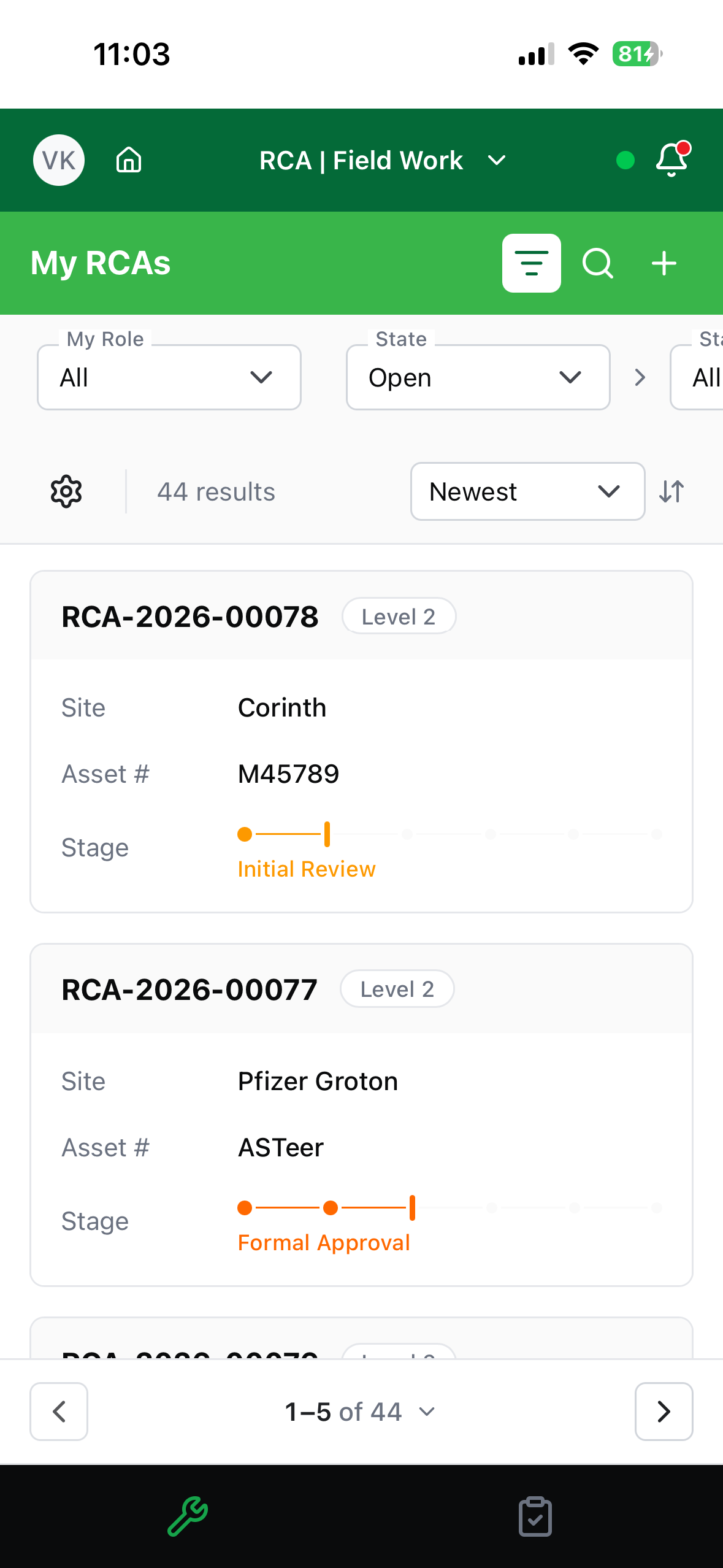 The filter bar open over the RCA list