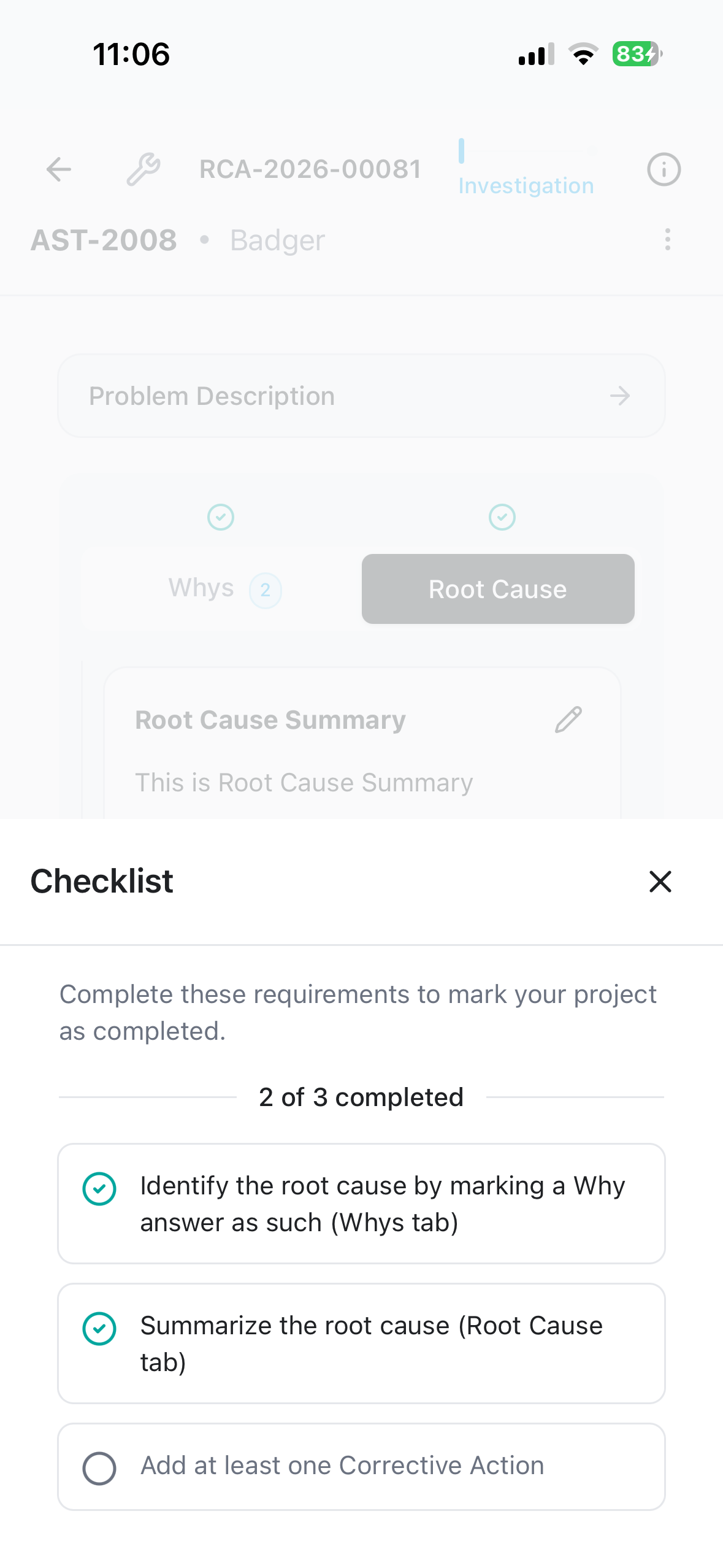 The completion checklist showing progress