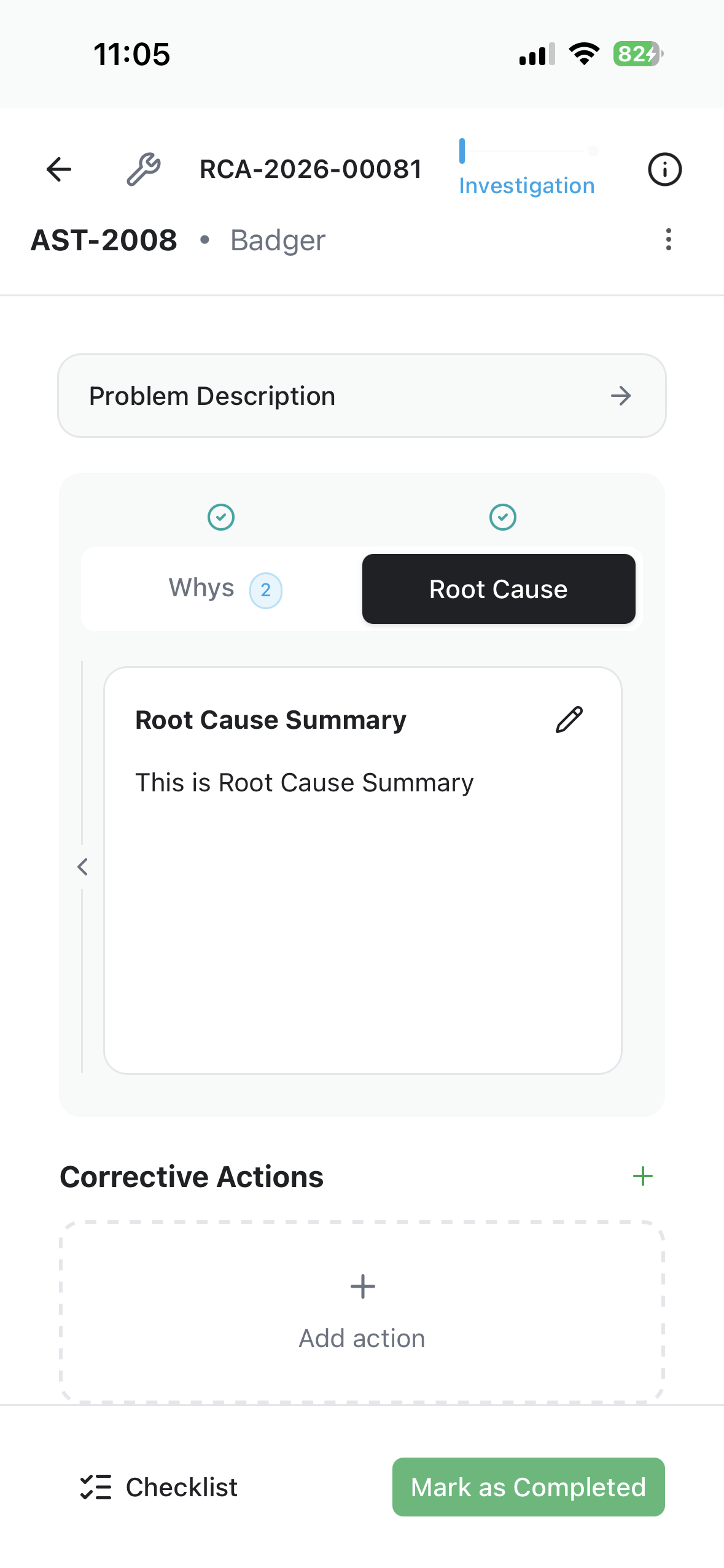 The Root Cause tab with the summary written