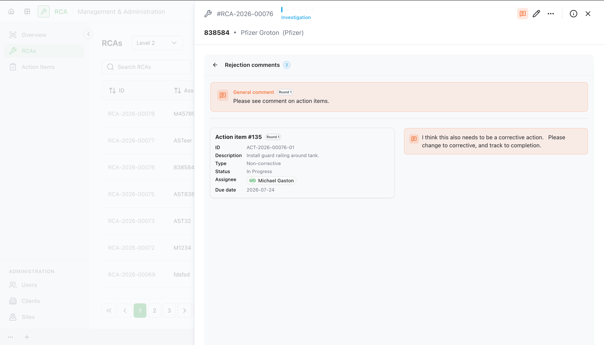 The rejection comments panel showing a general comment and a comment on a specific action item
