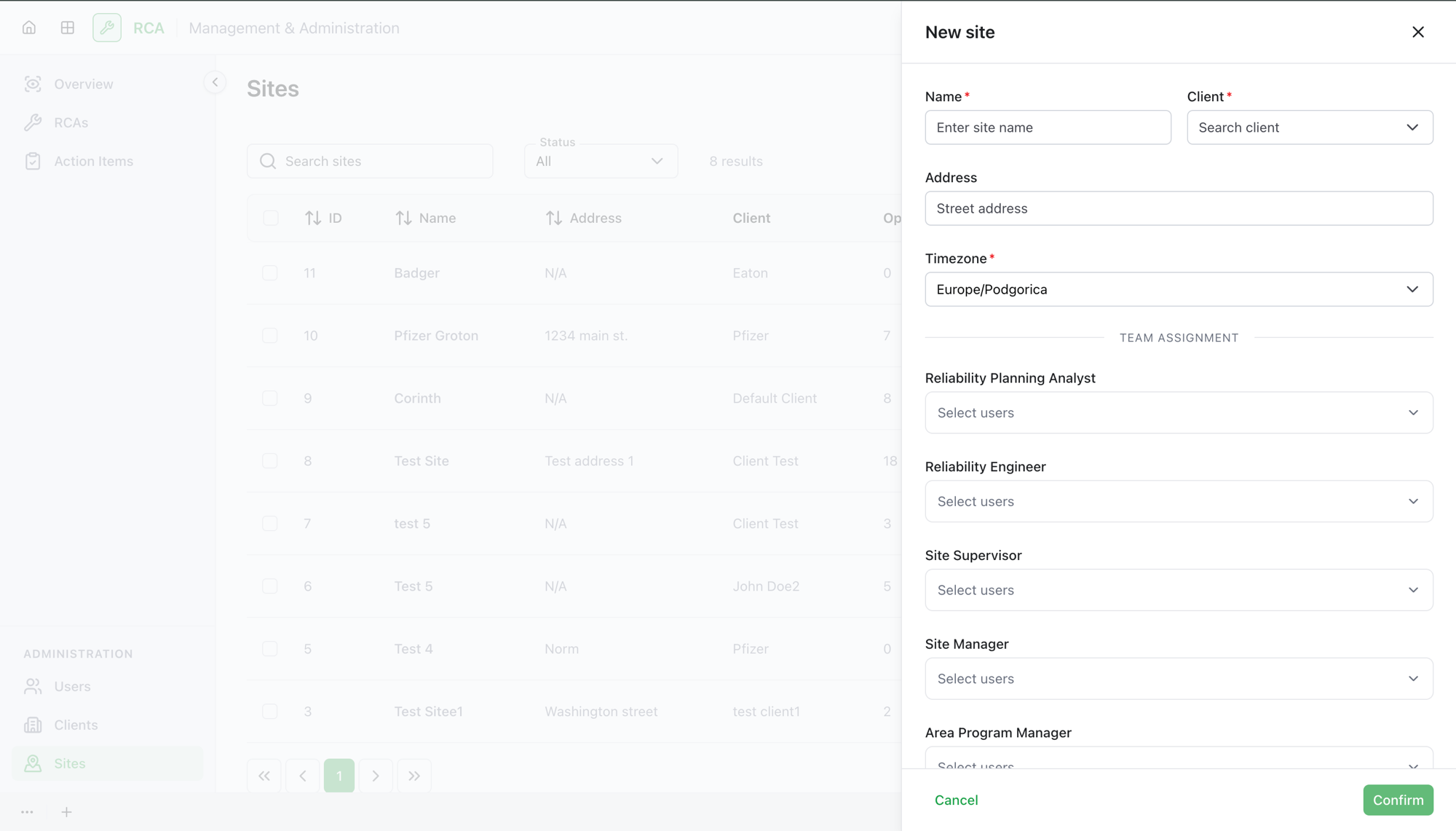 The New site form showing the Name, Client, Address, Timezone, and Team Assignment sections
