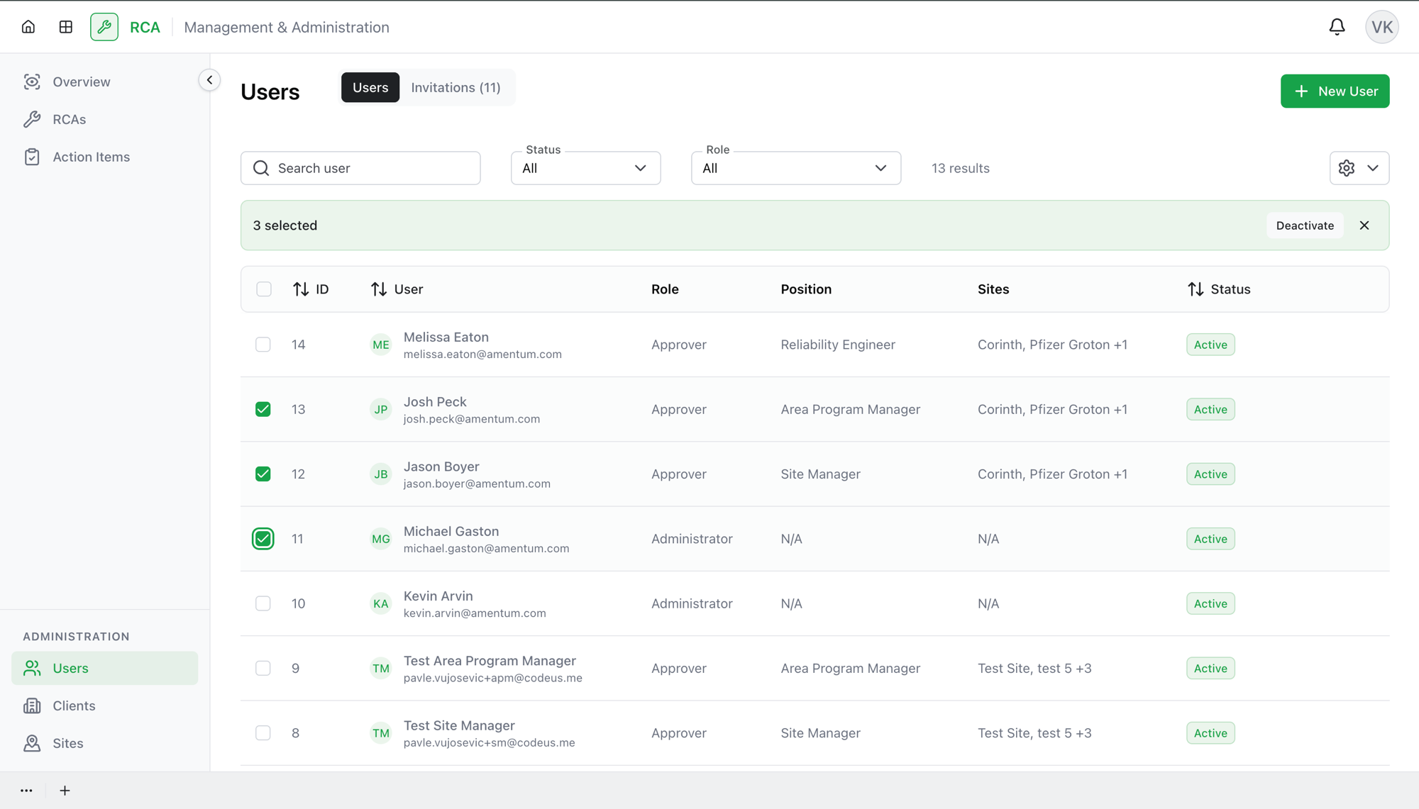 Three users selected, with the bulk Deactivate action available