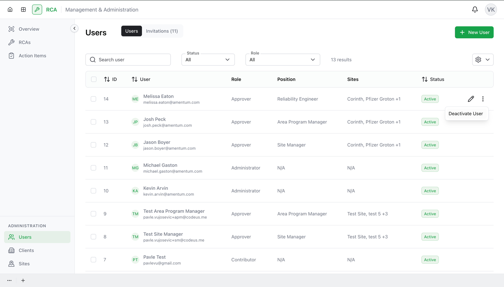 A user row with the Deactivate User action available